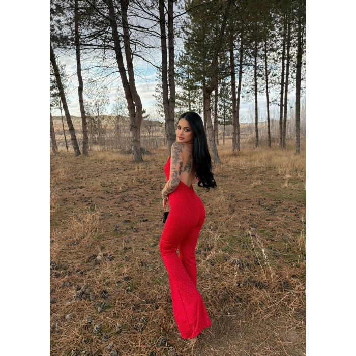 Kırmızı Degaje Yaka Taşlı Tulum