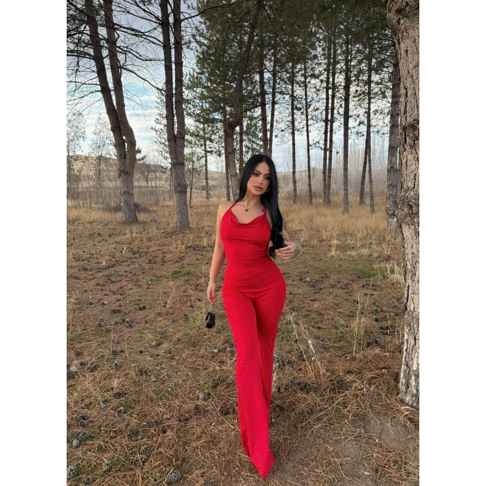 Kırmızı Degaje Yaka Taşlı Tulum