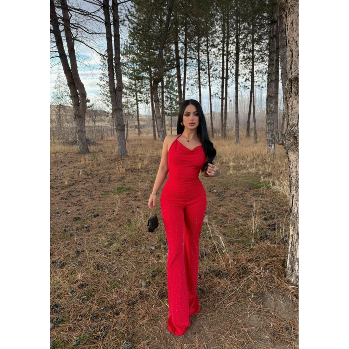 Kırmızı Degaje Yaka Taşlı Tulum