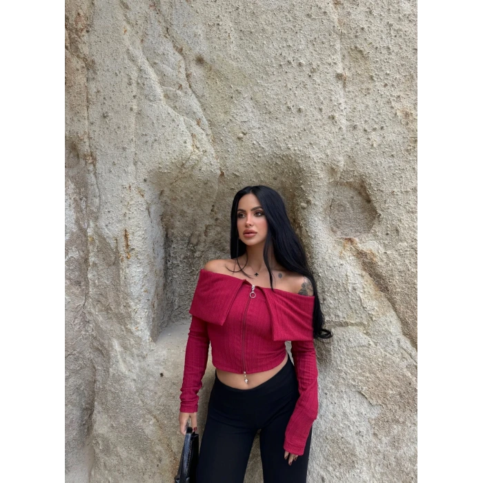 Bordo Mendili Yaka Fermuarlı Crop