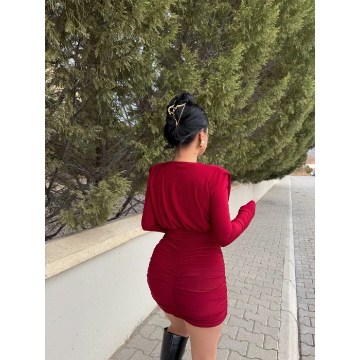 Kırmızı Omuz Vatkalı Degaje Elbise