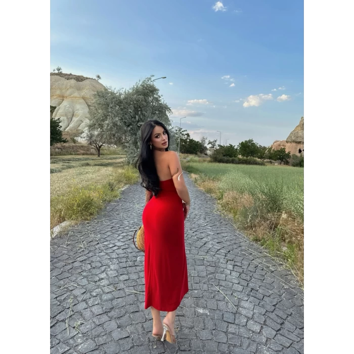 Kırmızı Straplez Yaka Sandy Elbise
