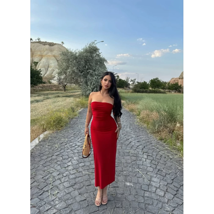 Kırmızı Straplez Yaka Sandy Elbise