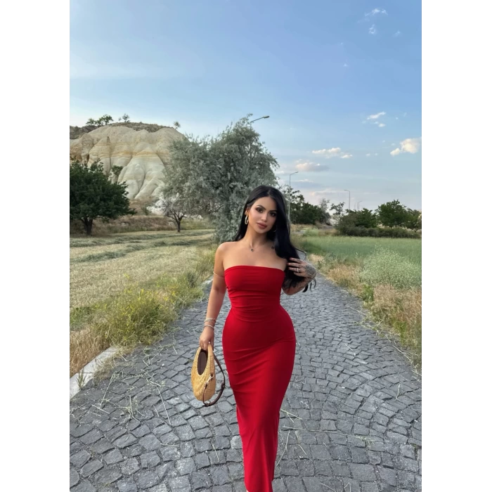 Kırmızı Straplez Yaka Sandy Elbise