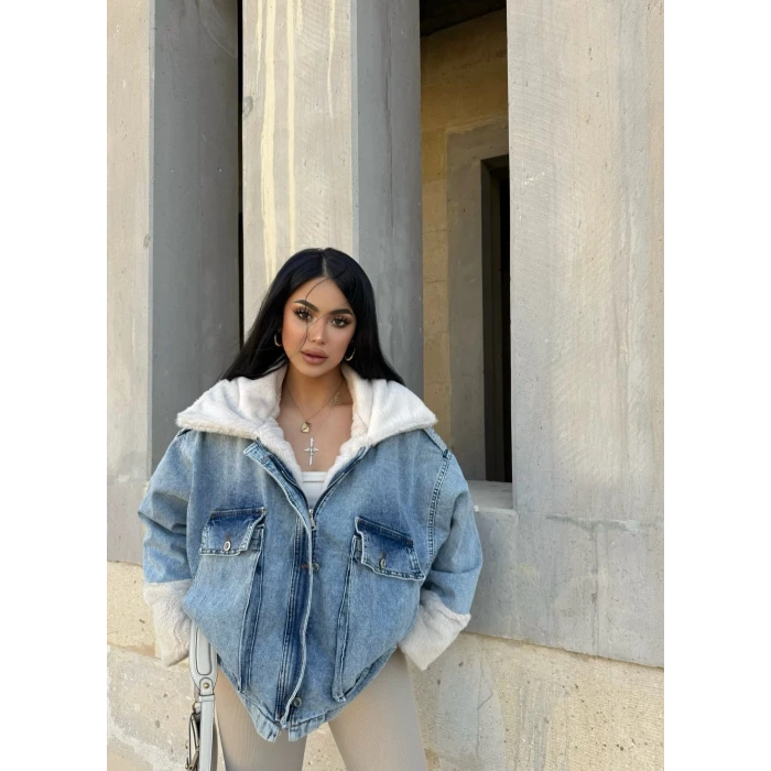 Körük Cepli Kürklü Denim Mont