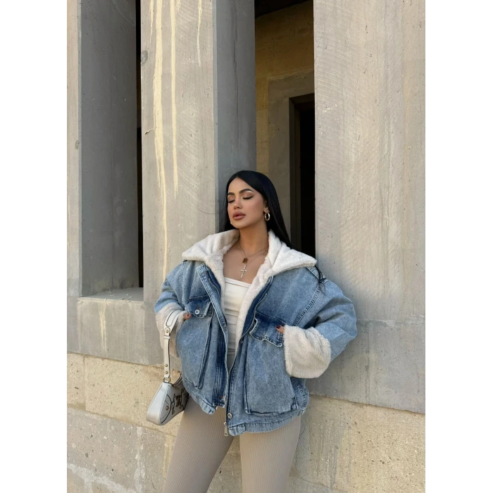 Körük Cepli Kürklü Denim Mont