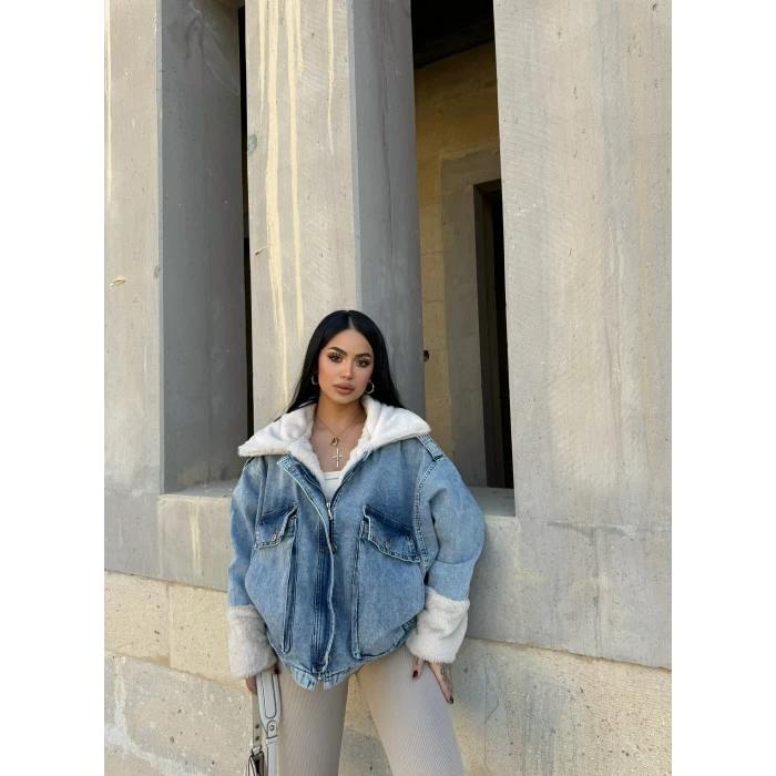 Körük Cepli Kürklü Denim Mont