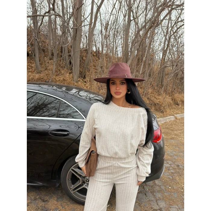 Krem Kayık Yaka Fitilli İkili Takım