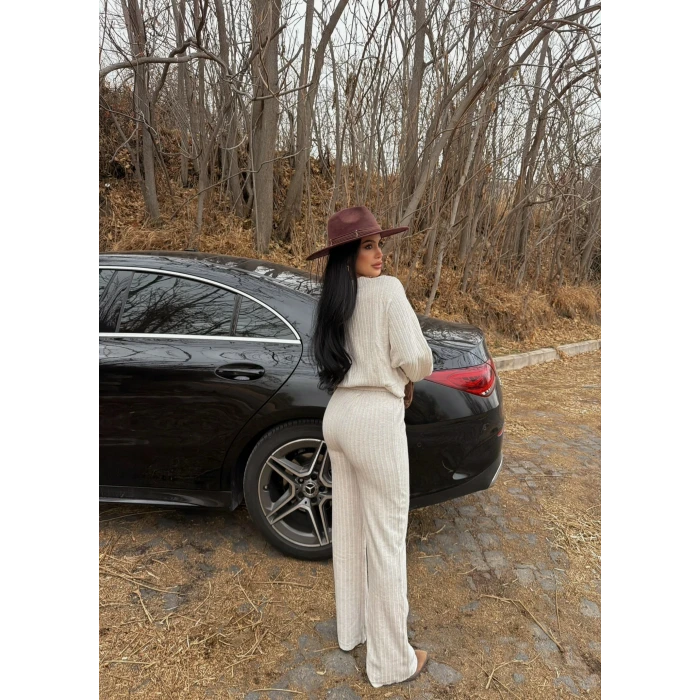 Krem Kayık Yaka Fitilli İkili Takım