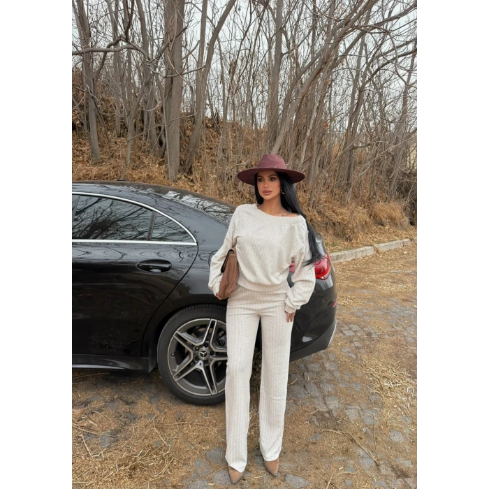 Krem Kayık Yaka Fitilli İkili Takım