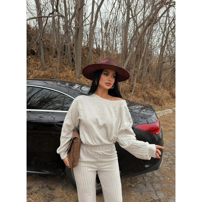 Krem Kayık Yaka Fitilli İkili Takım