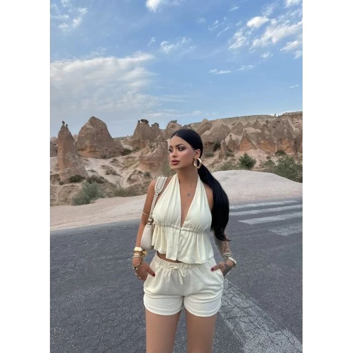 Krem Şortlu Bürümcük İkili Takım