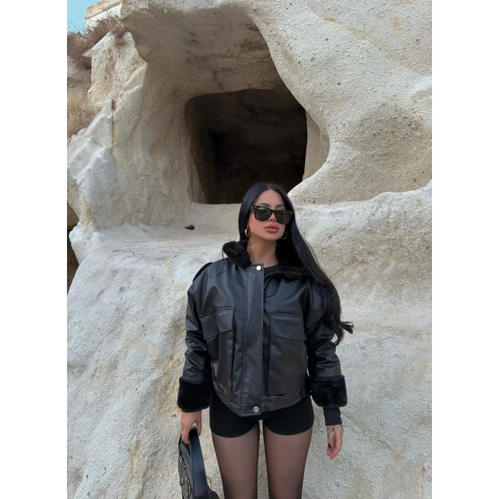 Kürklü Körüklü Cep Deri Mont