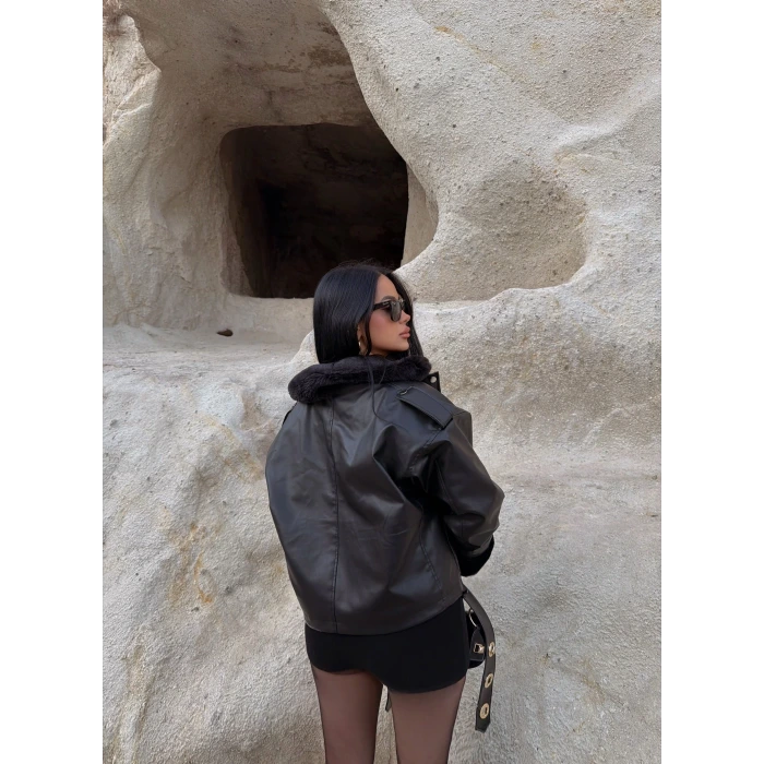 Kürklü Körüklü Cep Deri Mont