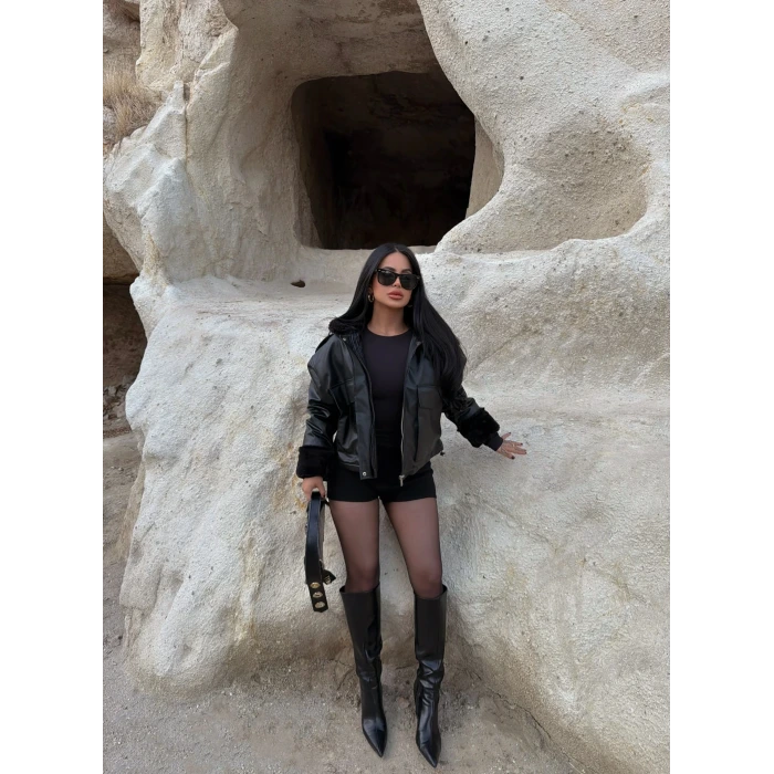 Kürklü Körüklü Cep Deri Mont