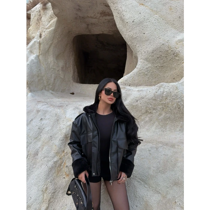 Kürklü Körüklü Cep Deri Mont