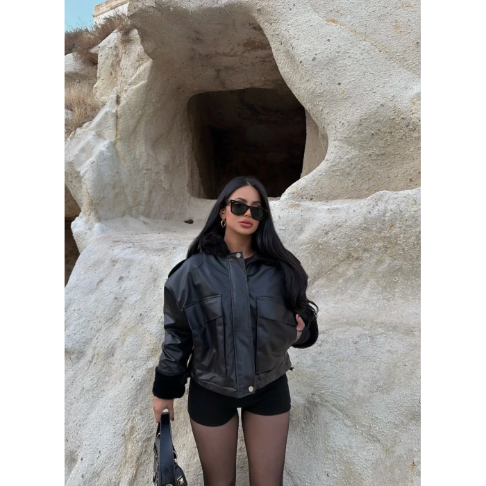 Kürklü Körüklü Cep Deri Mont