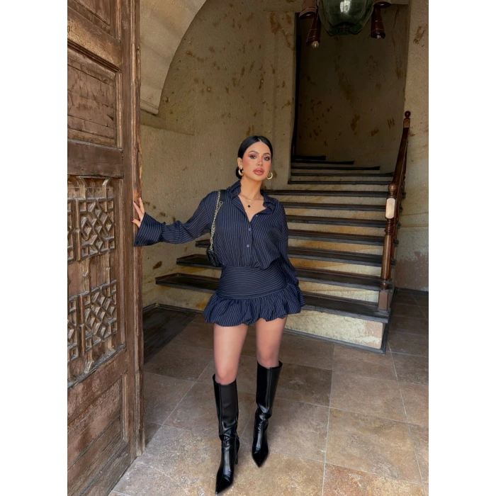 Lacivert Balon Etekli Gömlek Elbise