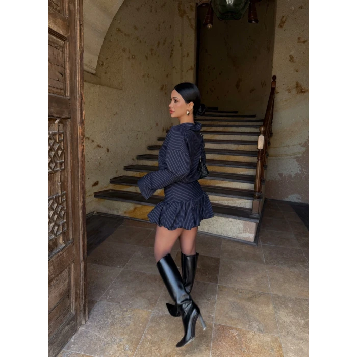 Lacivert Balon Etekli Gömlek Elbise