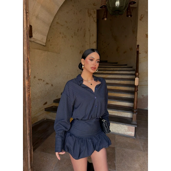 Lacivert Balon Etekli Gömlek Elbise