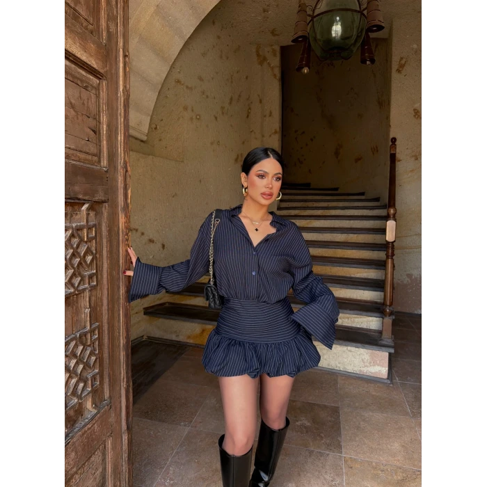Lacivert Balon Etekli Gömlek Elbise