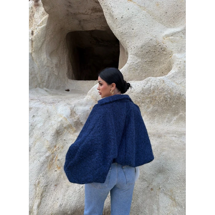 Lacivert Bel Lastikli Kaşe Bomber Ceket