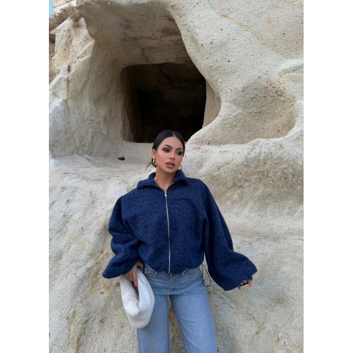 Lacivert Bel Lastikli Kaşe Bomber Ceket