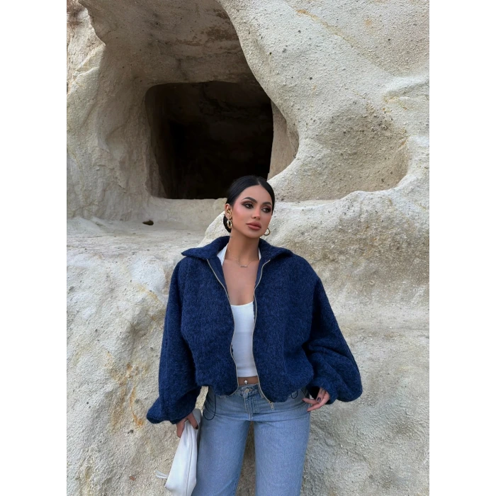 Lacivert Bel Lastikli Kaşe Bomber Ceket