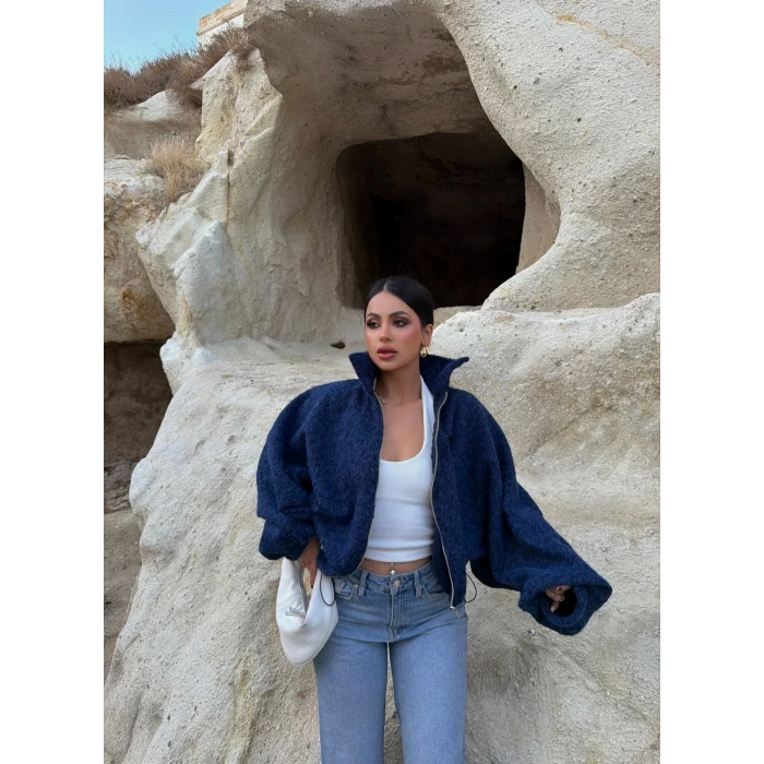 Lacivert Bel Lastikli Kaşe Bomber Ceket