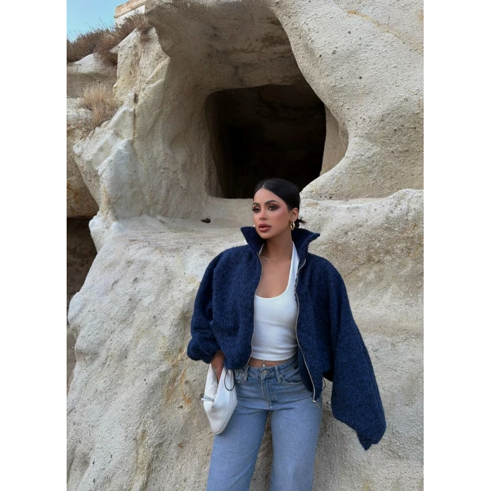 Lacivert Bel Lastikli Kaşe Bomber Ceket