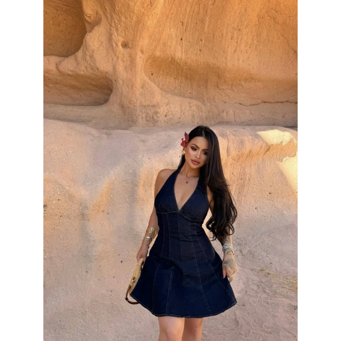 Lacivert Boyundan Geçmeli Denim Elbise