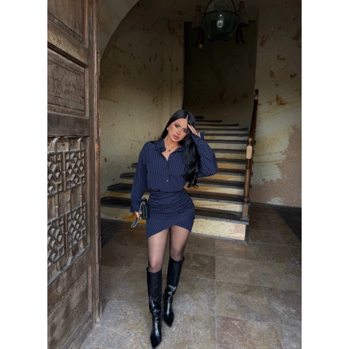 Lacivert Çizgili Gömlek Elbise