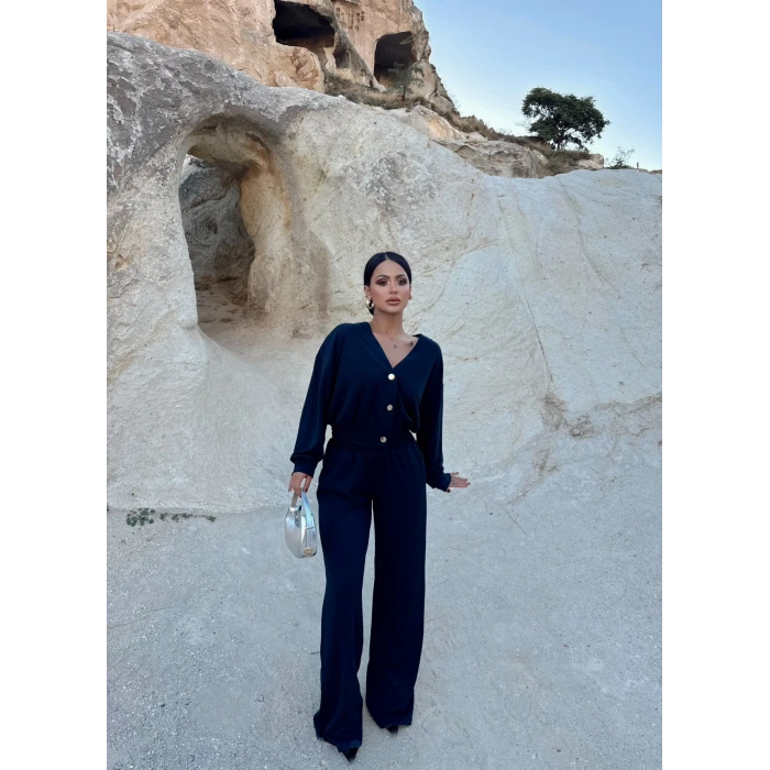 Lacivert Modal Düğmeli İkili Takım