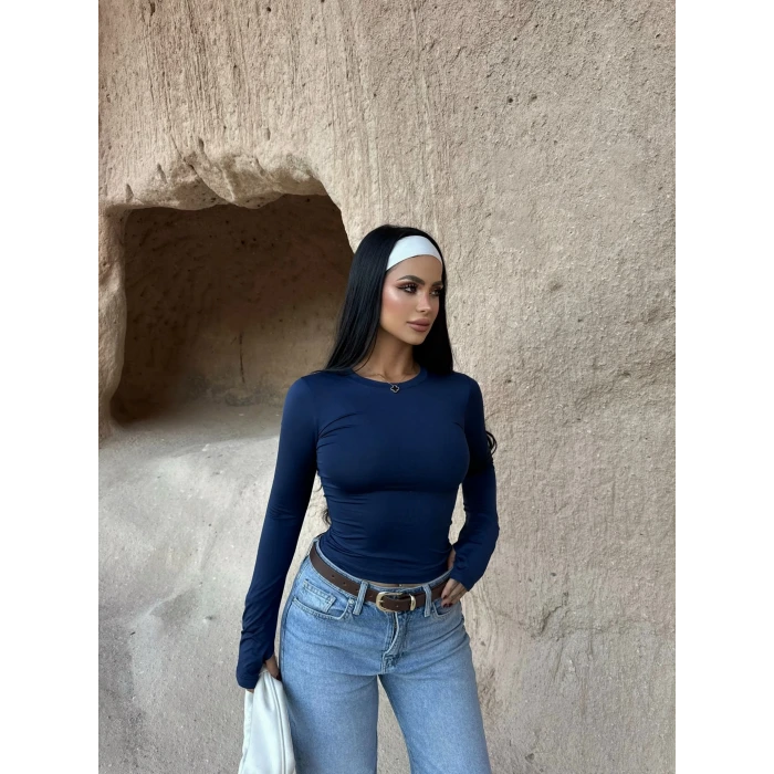 Lacivert Parmak Geçmeli Basic Crop