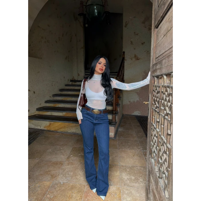 Lacivert Yüksek Bel Likralı İspanyol Pantolon