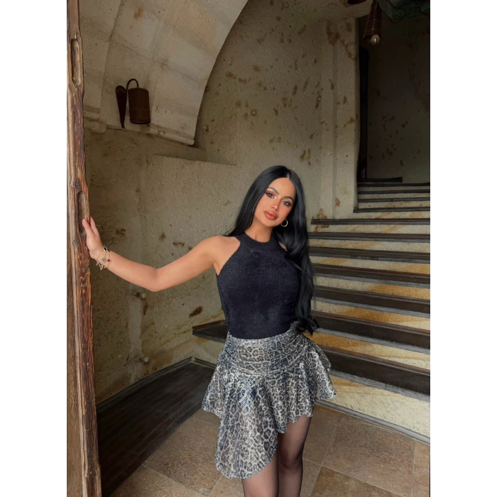 Leopar Asimetrik Kesim Payetli Etek