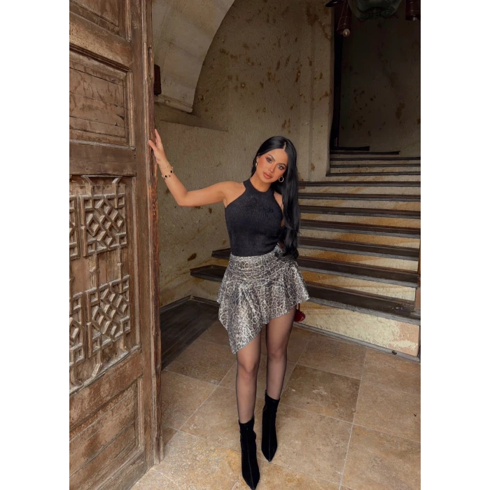 Leopar Asimetrik Kesim Payetli Etek