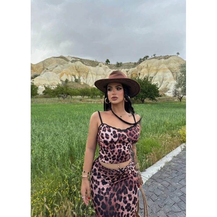 Leopar Astarlı Etek&Büstiyer İkili Takım