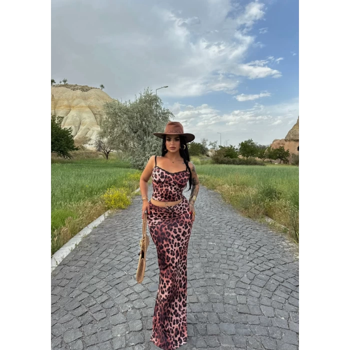 Leopar Astarlı Etek&Büstiyer İkili Takım