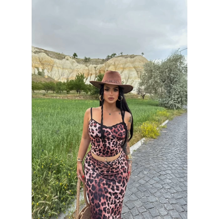 Leopar Astarlı Etek&Büstiyer İkili Takım