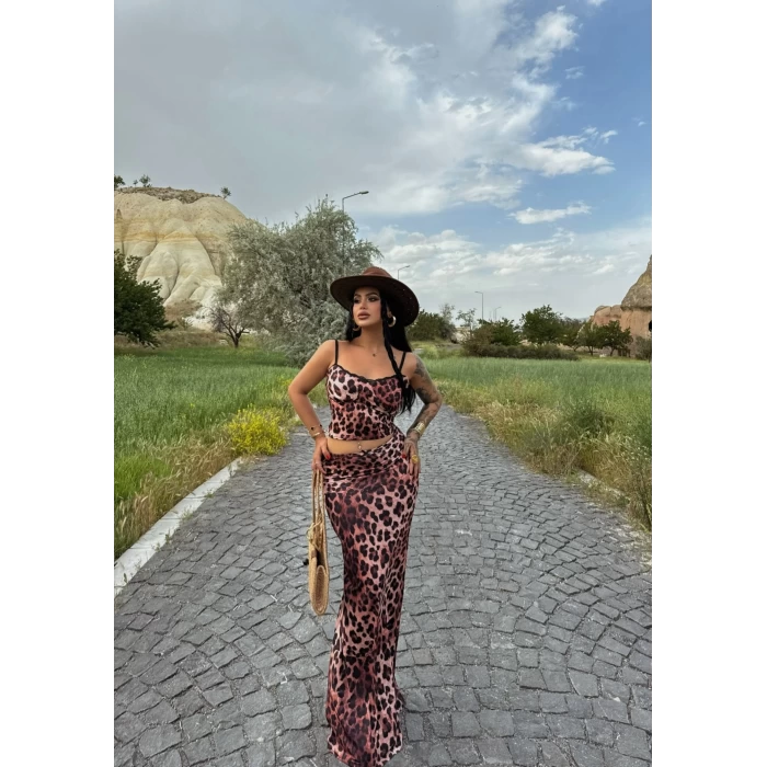 Leopar Astarlı Etek&Büstiyer İkili Takım