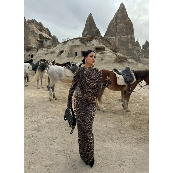 Leopar Şal Yaka Maxi Elbise