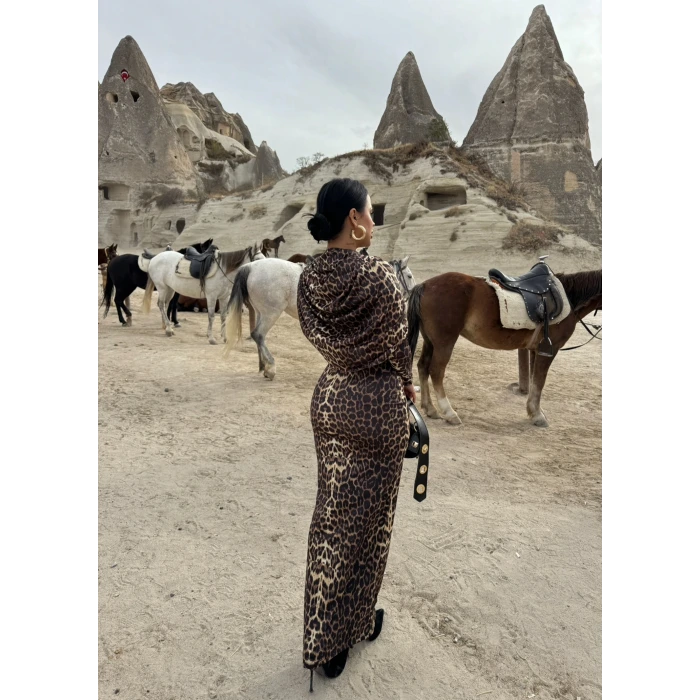 Leopar Şal Yaka Maxi Elbise