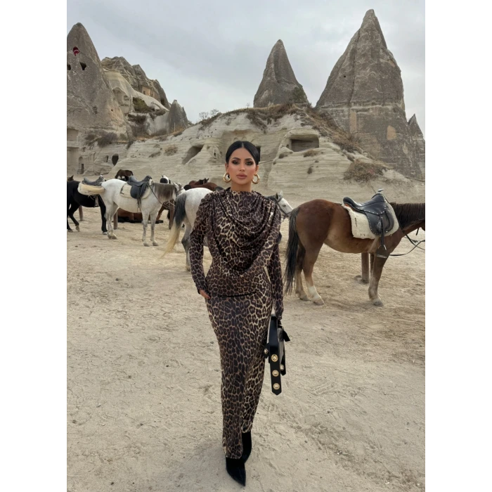 Leopar Şal Yaka Maxi Elbise