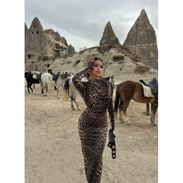 Leopar Şal Yaka Maxi Elbise