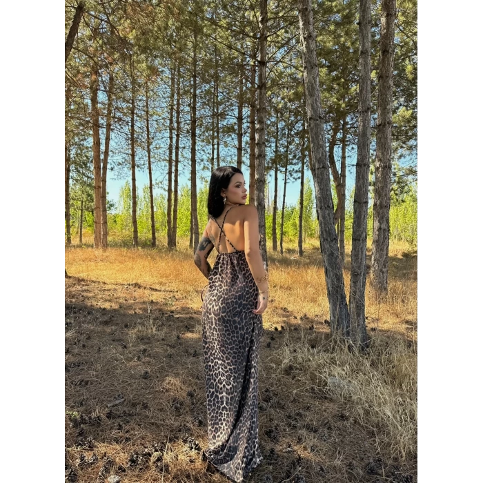 Leopar Sırt Çapraz Dubai Maxi Elbise