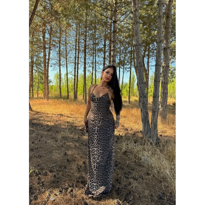 Leopar Sırt Çapraz Dubai Maxi Elbise