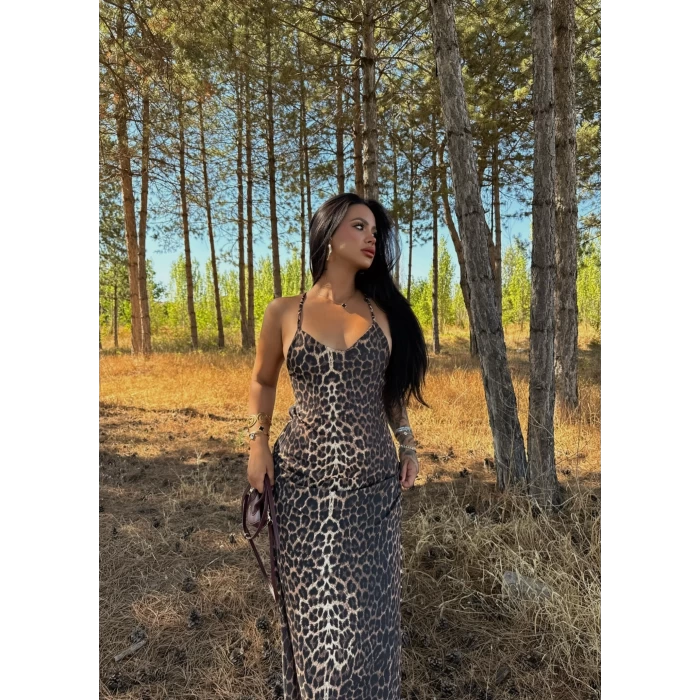 Leopar Sırt Çapraz Dubai Maxi Elbise