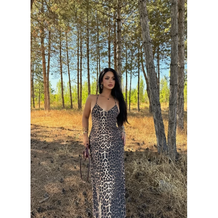 Leopar Sırt Çapraz Dubai Maxi Elbise