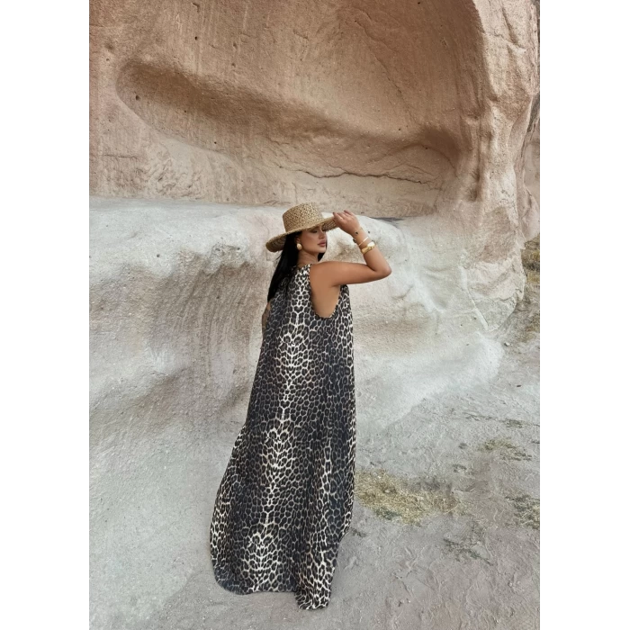 Leopar Yaka Aksesuarlı Arya Elbise